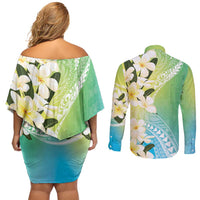 Aloha Hawaii Festive Couples Matching Off Shoulder Short Dress and Long Sleeve Button Shirt Frangipani Lace Classic - Summer Vibes