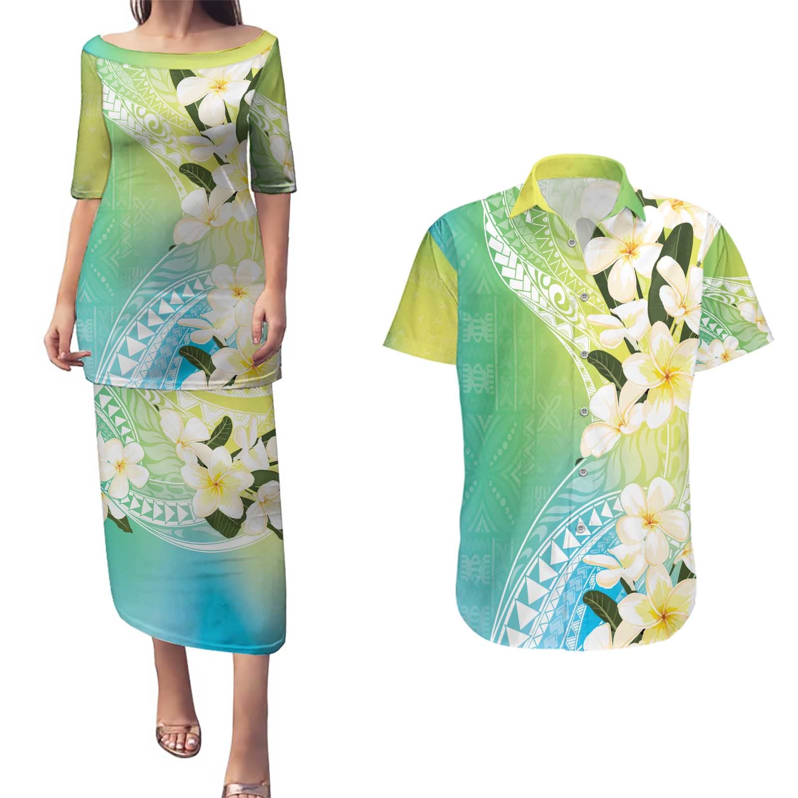 Aloha Hawaii Festive Couples Matching Puletasi and Hawaiian Shirt Frangipani Lace Classic - Summer Vibes
