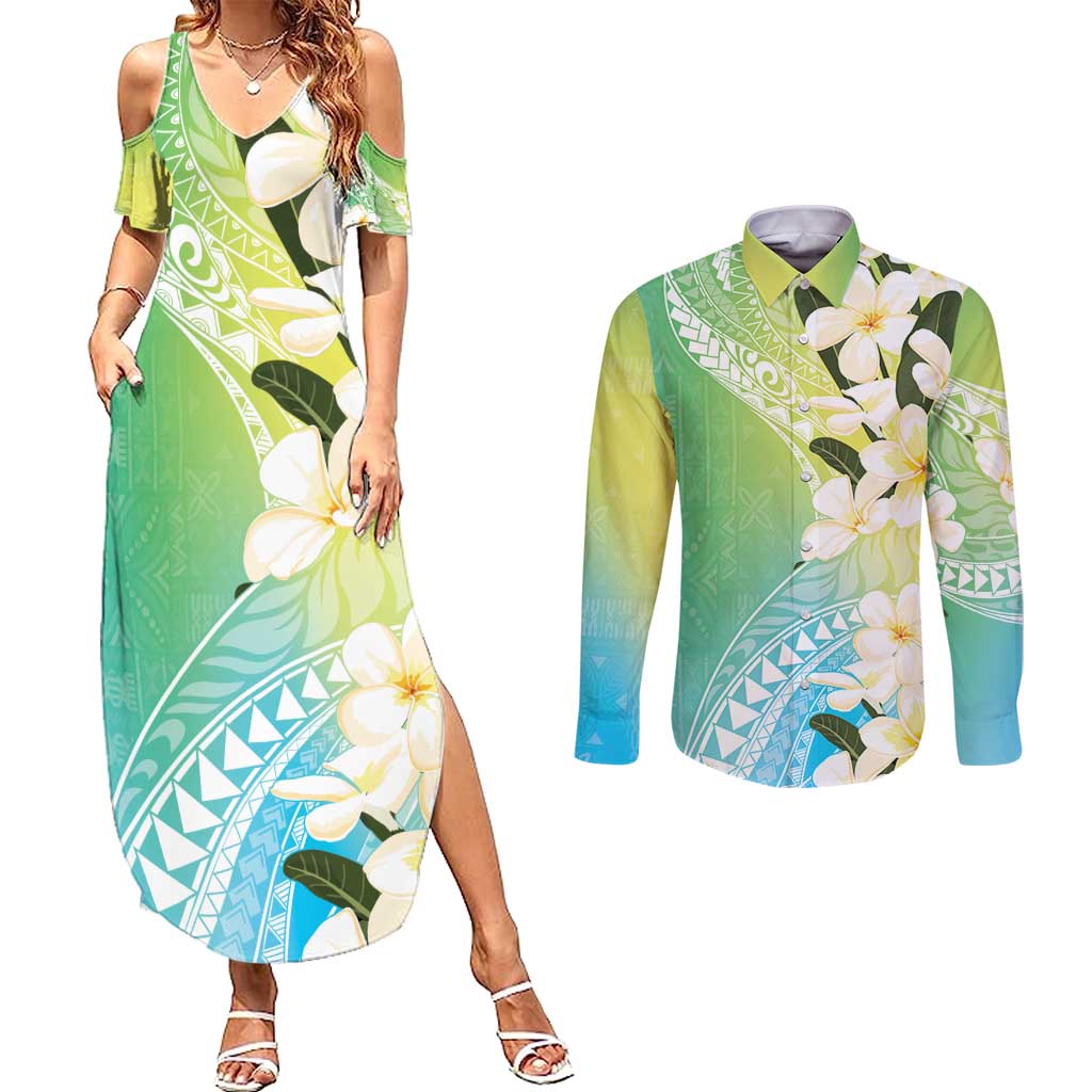 Aloha Hawaii Festive Couples Matching Summer Maxi Dress and Long Sleeve Button Shirt Frangipani Lace Classic - Summer Vibes