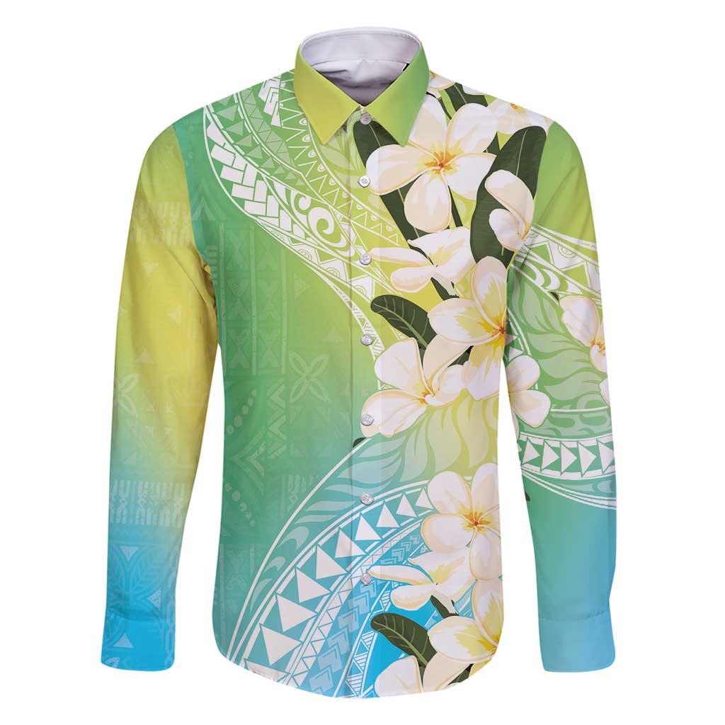 Aloha Hawaii Festive Family Matching Mermaid Dress and Hawaiian Shirt Frangipani Lace Classic - Summer Vibes LT7 Dad's Shirt - Long Sleeve Blue Green - Polynesian Pride