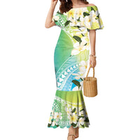 Aloha Hawaii Festive Family Matching Mermaid Dress and Hawaiian Shirt Frangipani Lace Classic - Summer Vibes LT7 Mom's Dress Blue Green - Polynesian Pride