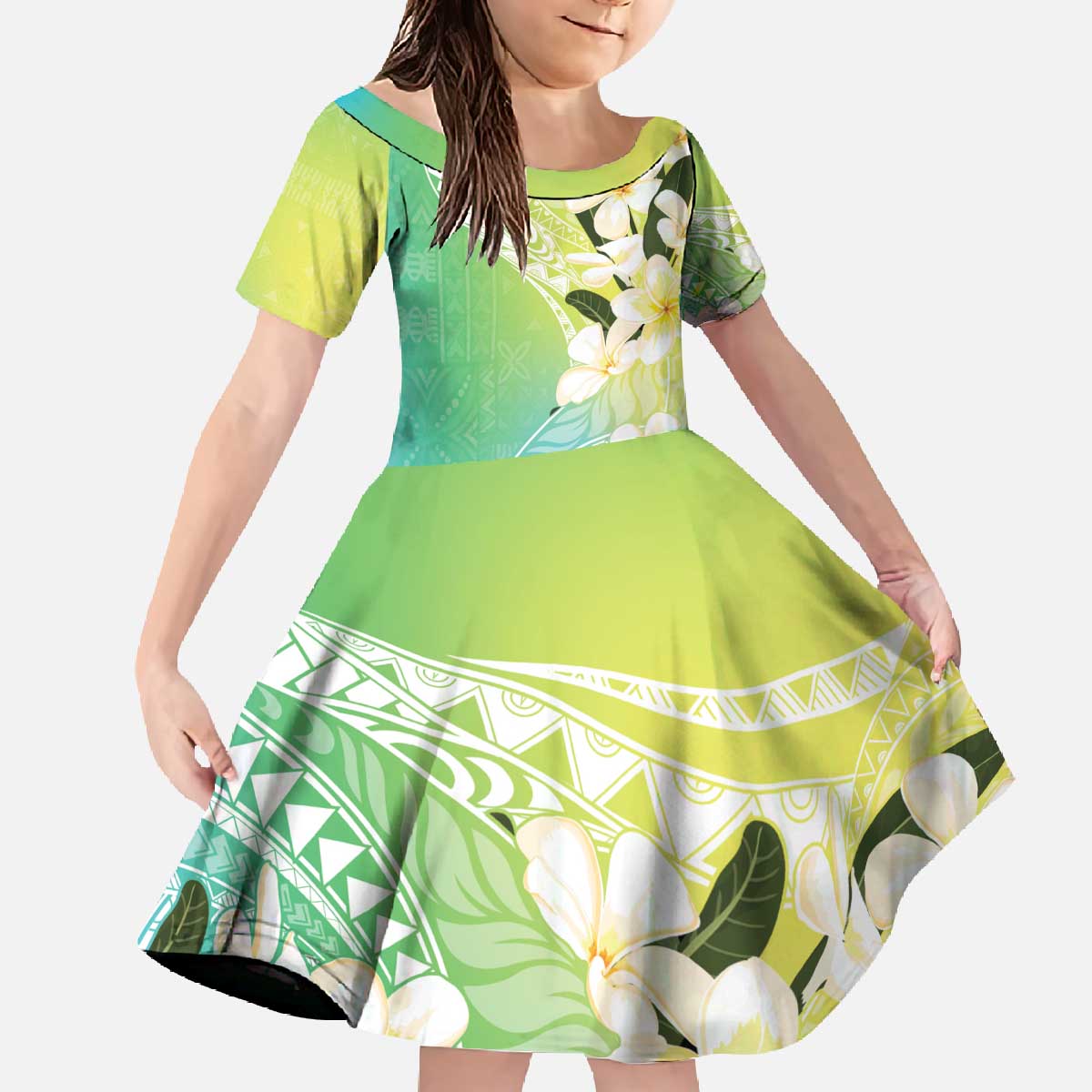 Aloha Hawaii Festive Family Matching Off The Shoulder Long Sleeve Dress and Hawaiian Shirt Frangipani Lace Classic - Summer Vibes LT7 Daughter's Dress Blue Green - Polynesian Pride