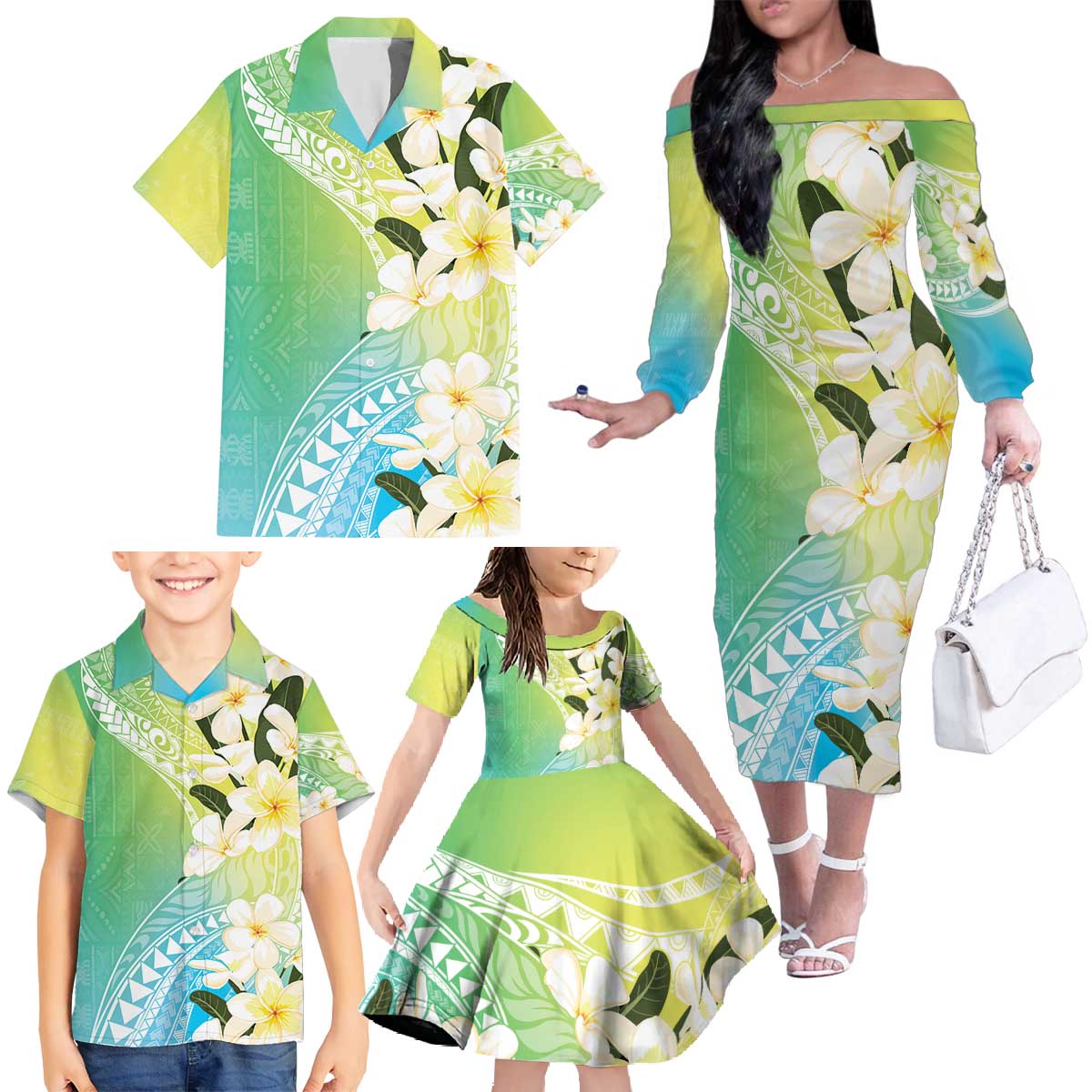 Aloha Hawaii Festive Family Matching Off The Shoulder Long Sleeve Dress and Hawaiian Shirt Frangipani Lace Classic - Summer Vibes LT7 - Polynesian Pride