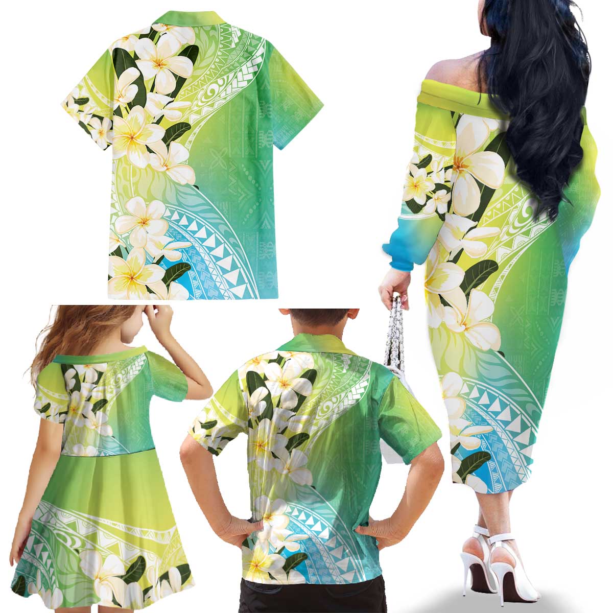 Aloha Hawaii Festive Family Matching Off The Shoulder Long Sleeve Dress and Hawaiian Shirt Frangipani Lace Classic - Summer Vibes LT7 - Polynesian Pride