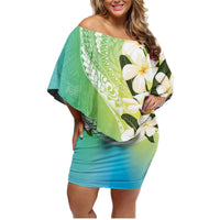 Aloha Hawaii Festive Family Matching Off Shoulder Short Dress and Hawaiian Shirt Frangipani Lace Classic - Summer Vibes LT7 Mom's Dress Blue Green - Polynesian Pride