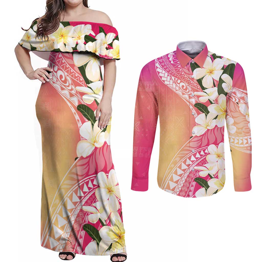 Aloha Hawaii Festive Couples Matching Off Shoulder Maxi Dress and Long Sleeve Button Shirt Frangipani Lace Classic - Spring Vibes