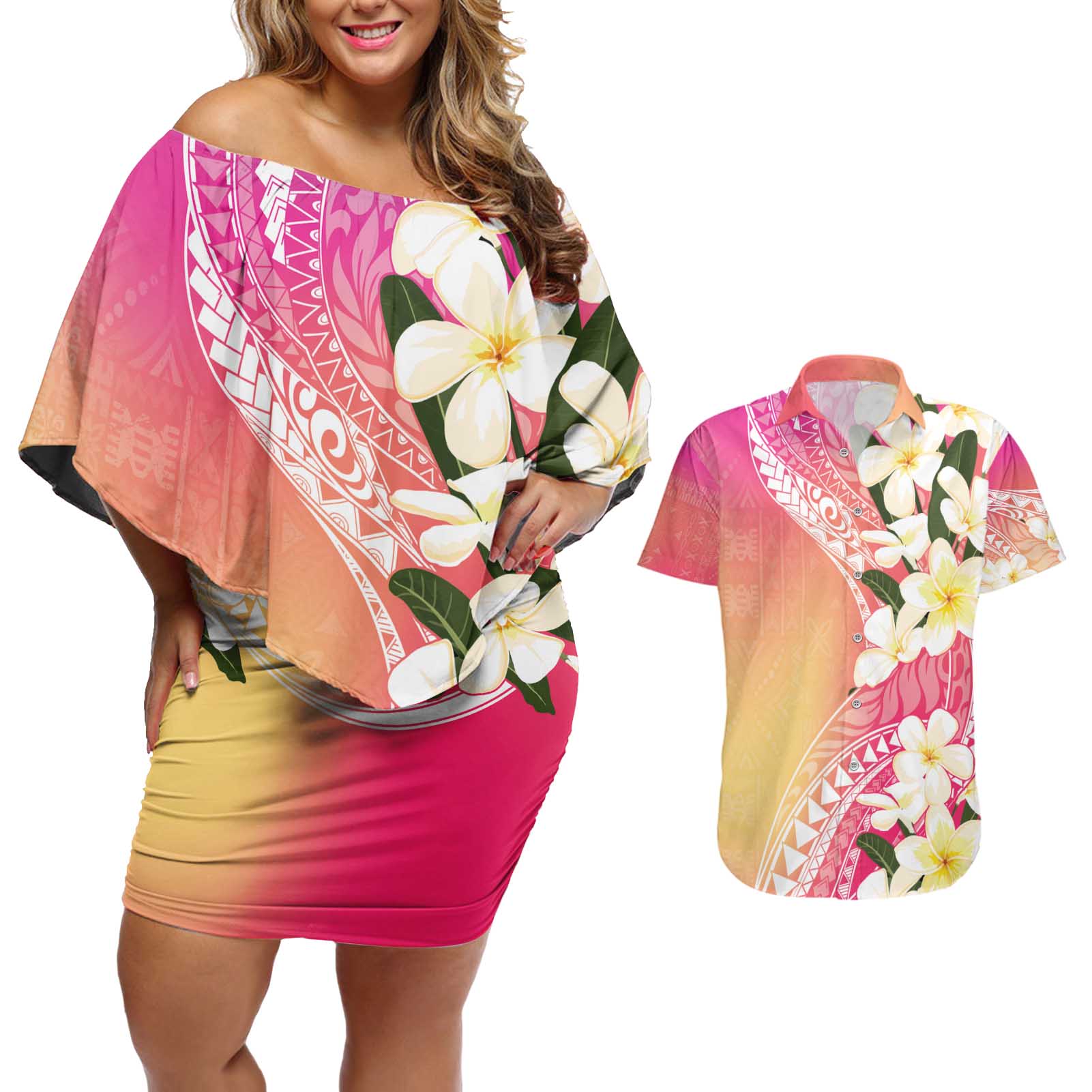 Aloha Hawaii Festive Couples Matching Off Shoulder Short Dress and Hawaiian Shirt Frangipani Lace Classic - Spring Vibes