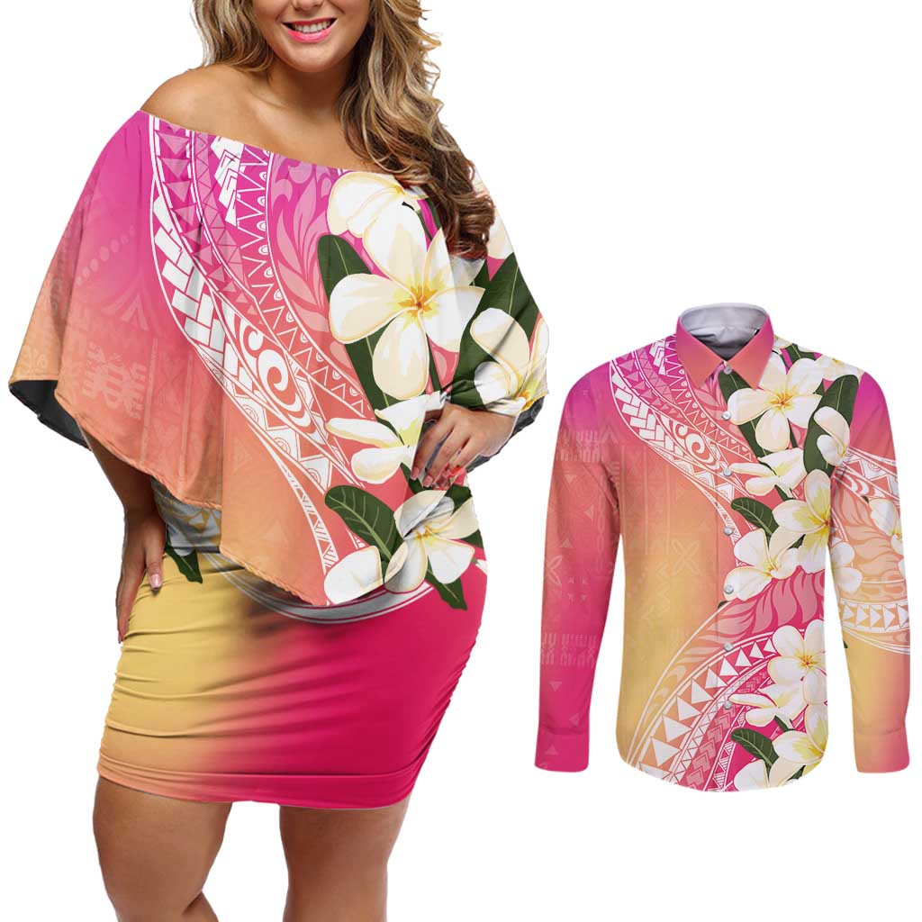 Aloha Hawaii Festive Couples Matching Off Shoulder Short Dress and Long Sleeve Button Shirt Frangipani Lace Classic - Spring Vibes