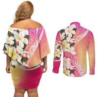 Aloha Hawaii Festive Couples Matching Off Shoulder Short Dress and Long Sleeve Button Shirt Frangipani Lace Classic - Spring Vibes