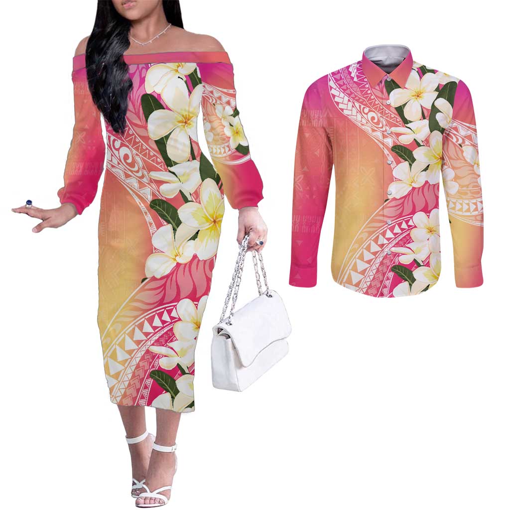 Aloha Hawaii Festive Couples Matching Off The Shoulder Long Sleeve Dress and Long Sleeve Button Shirt Frangipani Lace Classic - Spring Vibes