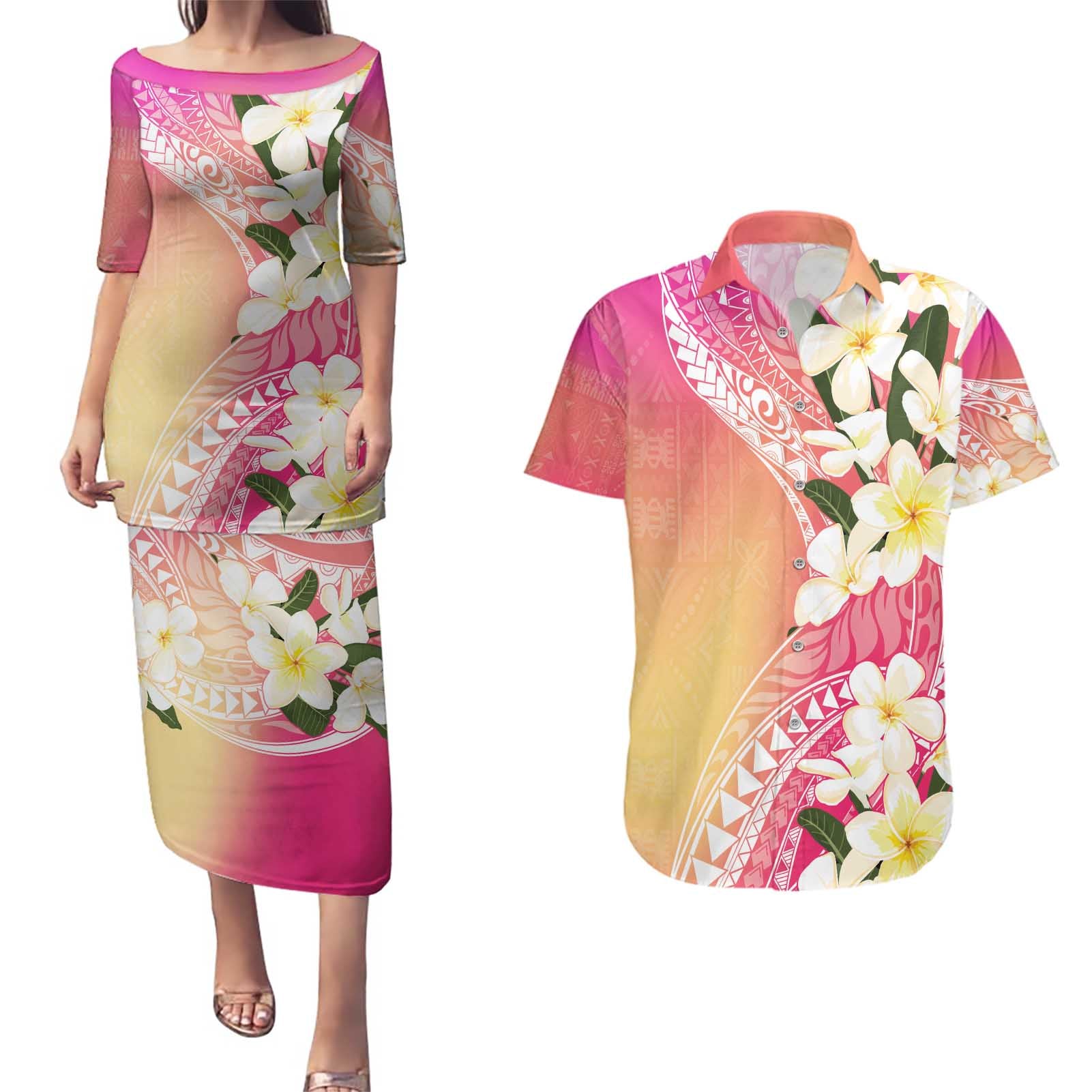 Aloha Hawaii Festive Couples Matching Puletasi and Hawaiian Shirt Frangipani Lace Classic - Spring Vibes