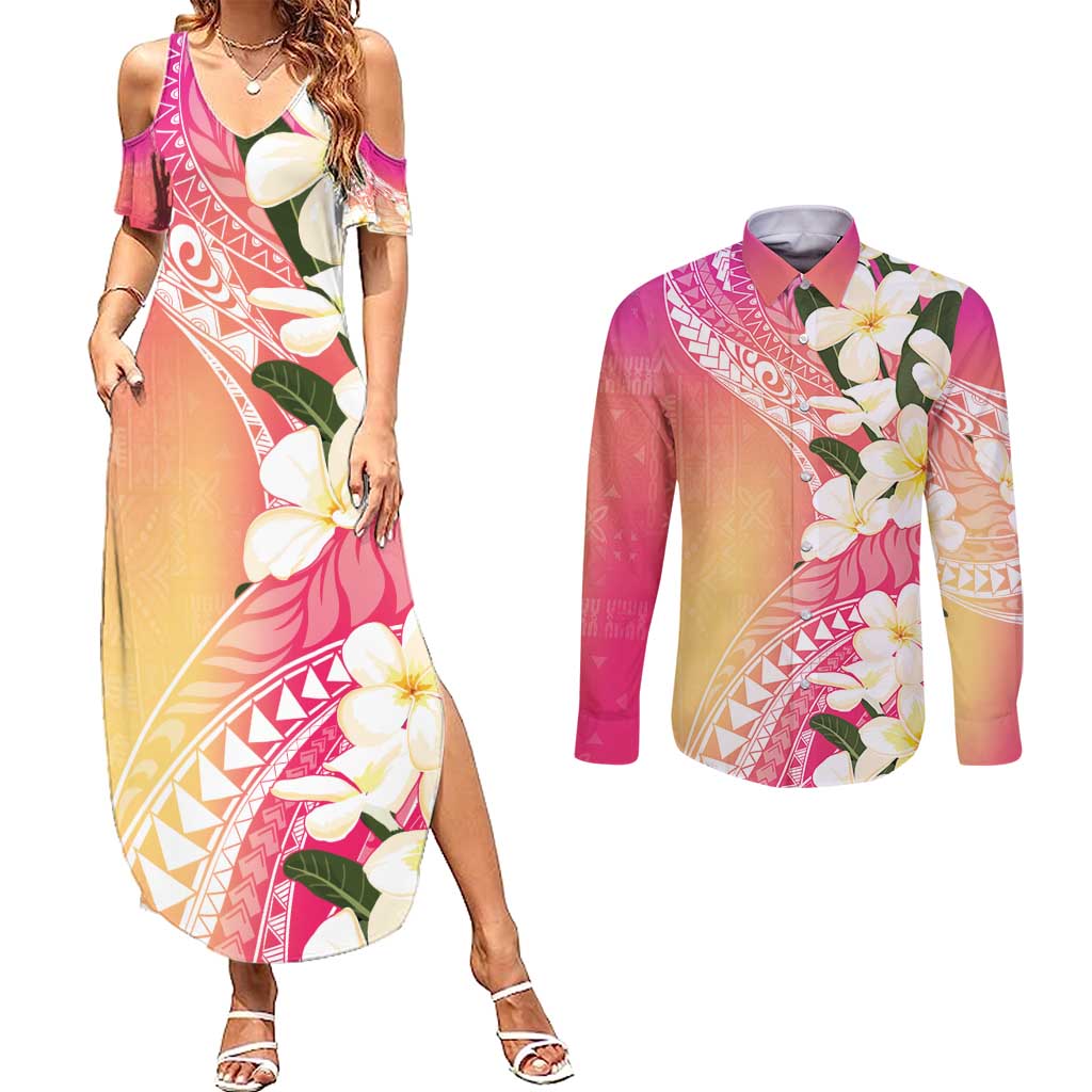 Aloha Hawaii Festive Couples Matching Summer Maxi Dress and Long Sleeve Button Shirt Frangipani Lace Classic - Spring Vibes