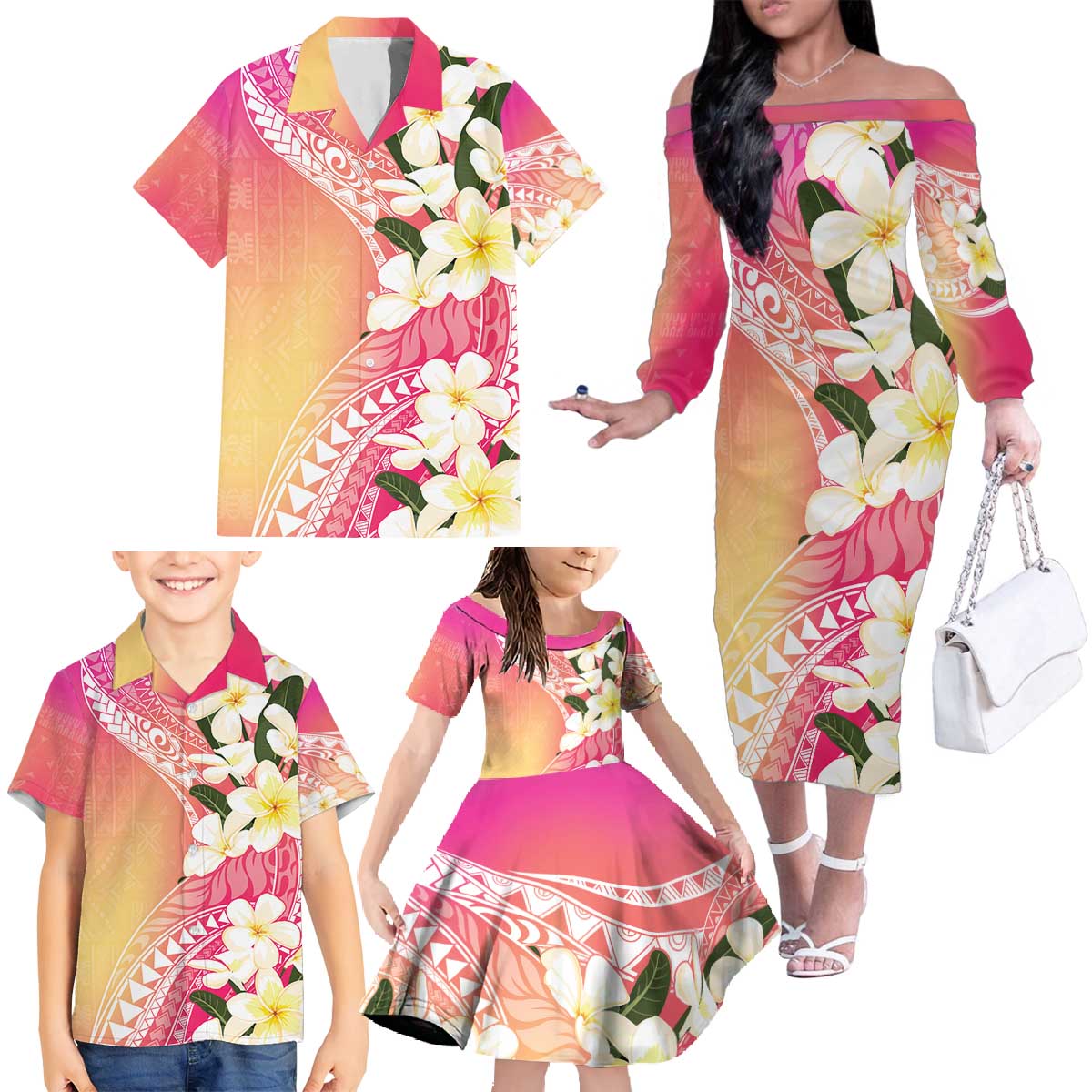 Aloha Hawaii Festive Family Matching Off The Shoulder Long Sleeve Dress and Hawaiian Shirt Frangipani Lace Classic - Spring Vibes LT7 - Polynesian Pride