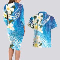 Aloha Hawaii Festive Couples Matching Long Sleeve Bodycon Dress and Hawaiian Shirt Frangipani Lace Classic - Oceanic LT7 - Polynesian Pride