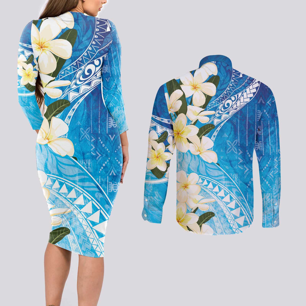 Aloha Hawaii Festive Couples Matching Long Sleeve Bodycon Dress and Long Sleeve Button Shirt Frangipani Lace Classic - Oceanic