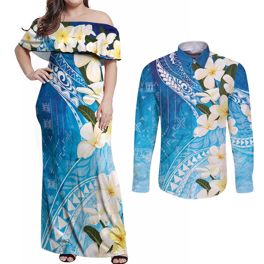 Aloha Hawaii Festive Couples Matching Off Shoulder Maxi Dress and Long Sleeve Button Shirt Frangipani Lace Classic - Oceanic