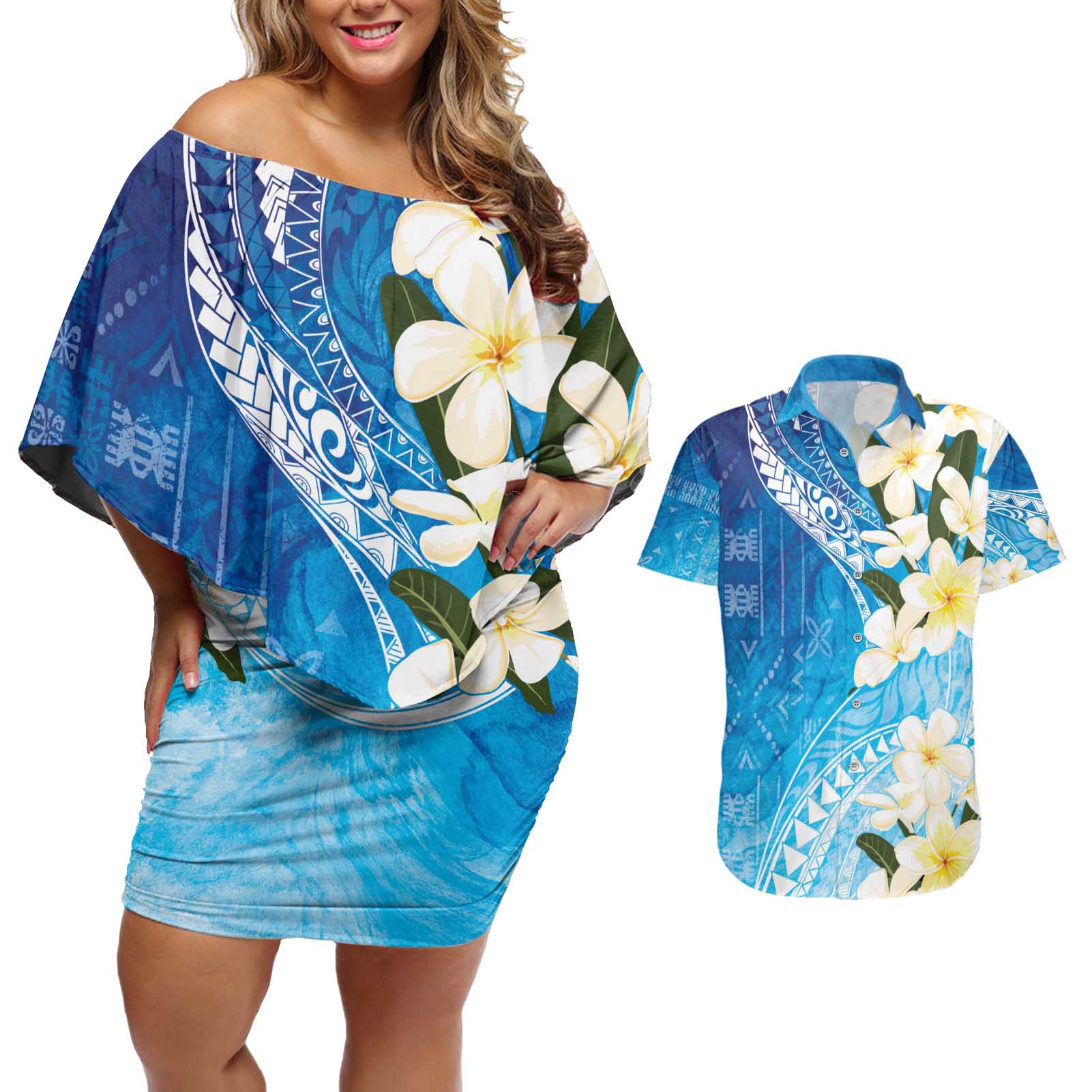 Aloha Hawaii Festive Couples Matching Off Shoulder Short Dress and Hawaiian Shirt Frangipani Lace Classic - Oceanic