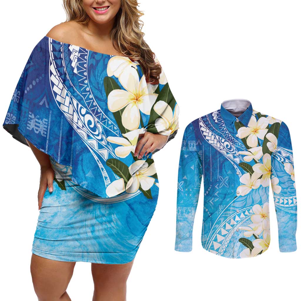 Aloha Hawaii Festive Couples Matching Off Shoulder Short Dress and Long Sleeve Button Shirt Frangipani Lace Classic - Oceanic