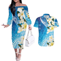 Aloha Hawaii Festive Couples Matching Off The Shoulder Long Sleeve Dress and Hawaiian Shirt Frangipani Lace Classic - Oceanic LT7 Navy - Polynesian Pride