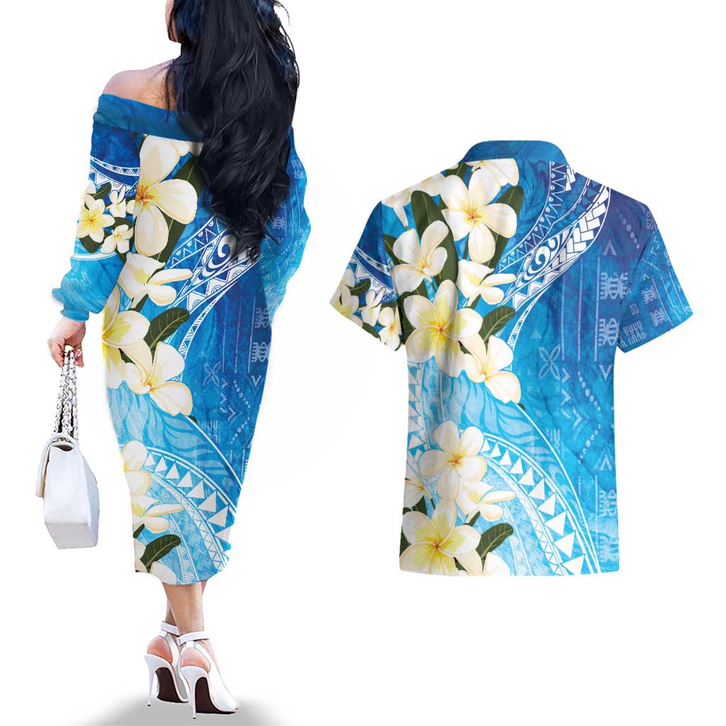 Aloha Hawaii Festive Couples Matching Off The Shoulder Long Sleeve Dress and Hawaiian Shirt Frangipani Lace Classic - Oceanic LT7 - Polynesian Pride