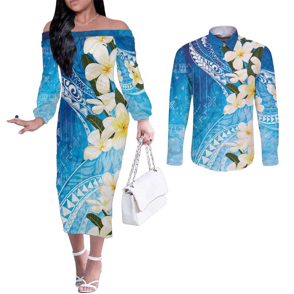 Aloha Hawaii Festive Couples Matching Off The Shoulder Long Sleeve Dress and Long Sleeve Button Shirt Frangipani Lace Classic - Oceanic