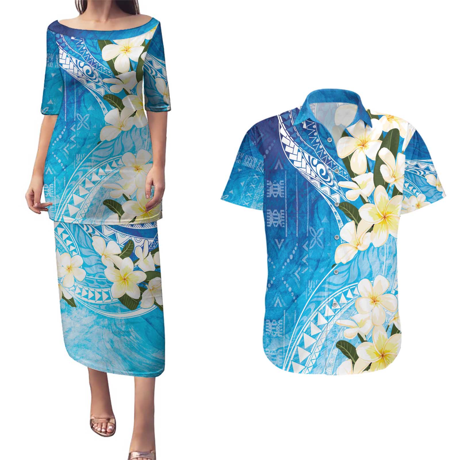 Aloha Hawaii Festive Couples Matching Puletasi and Hawaiian Shirt Frangipani Lace Classic - Oceanic