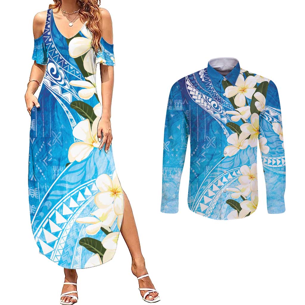 Aloha Hawaii Festive Couples Matching Summer Maxi Dress and Long Sleeve Button Shirt Frangipani Lace Classic - Oceanic