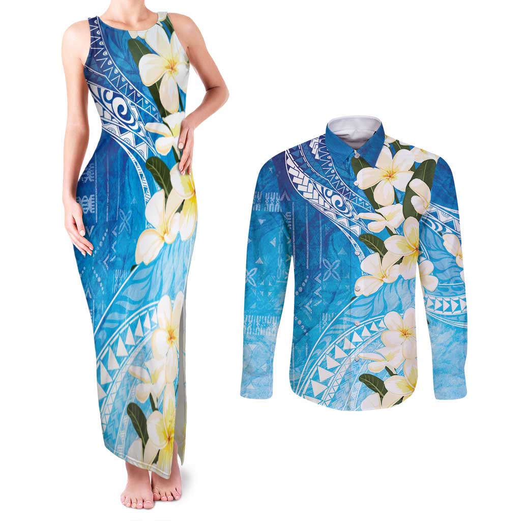 Aloha Hawaii Festive Couples Matching Tank Maxi Dress and Long Sleeve Button Shirt Frangipani Lace Classic - Oceanic