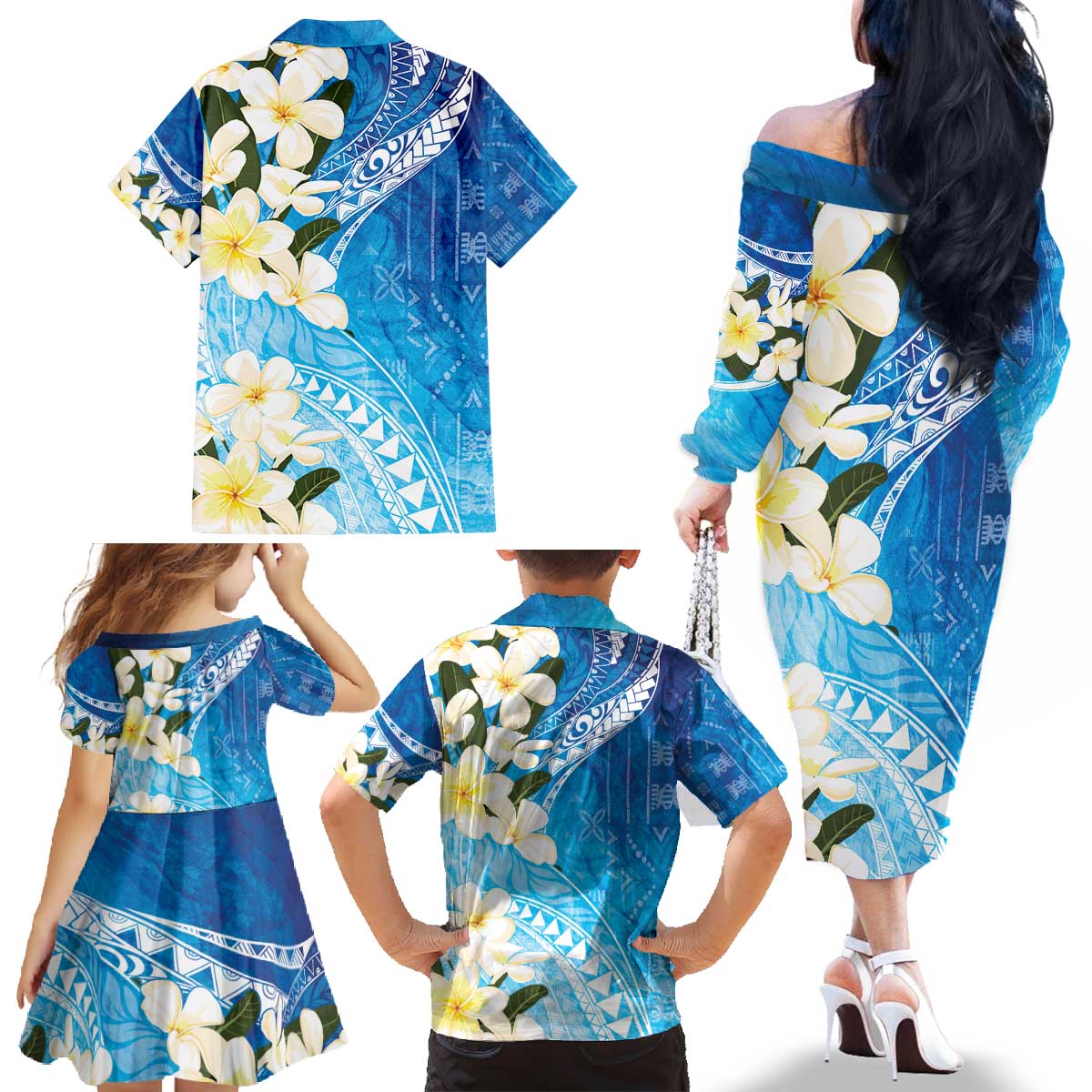 Aloha Hawaii Festive Family Matching Off The Shoulder Long Sleeve Dress and Hawaiian Shirt Frangipani Lace Classic - Oceanic LT7 - Polynesian Pride