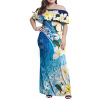 Aloha Hawaii Festive Family Matching Off Shoulder Maxi Dress and Hawaiian Shirt Frangipani Lace Classic - Oceanic LT7 Mom's Dress Navy - Polynesian Pride