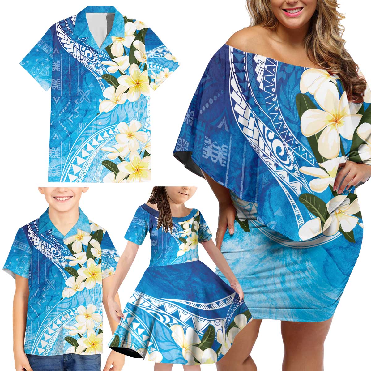 Aloha Hawaii Festive Family Matching Off Shoulder Short Dress and Hawaiian Shirt Frangipani Lace Classic - Oceanic LT7 - Polynesian Pride