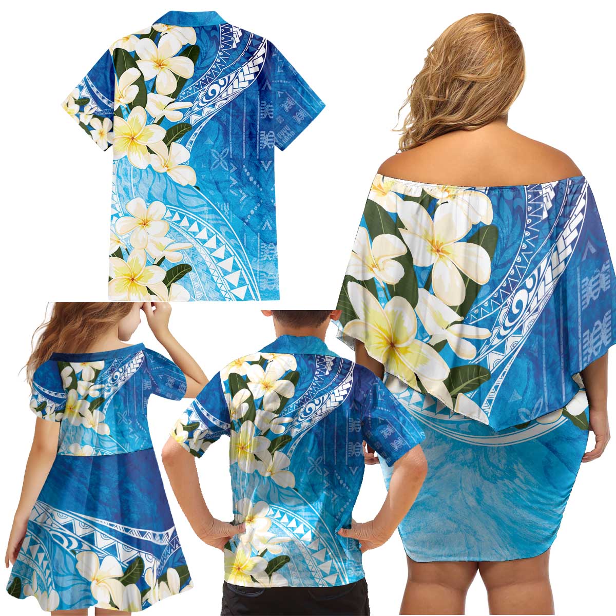 Aloha Hawaii Festive Family Matching Off Shoulder Short Dress and Hawaiian Shirt Frangipani Lace Classic - Oceanic LT7 - Polynesian Pride