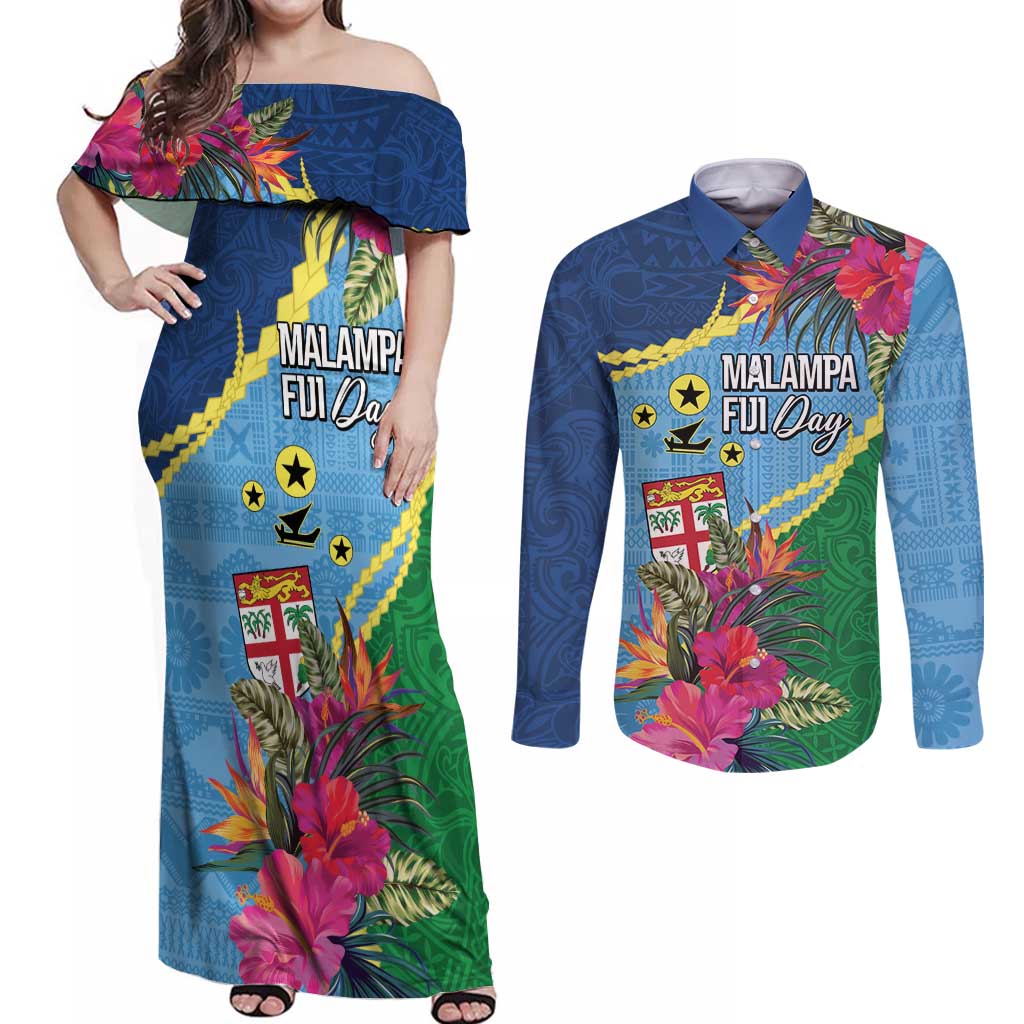 Personalized Malampa Fiji Day Together We Grow Couples Matching Off Shoulder Maxi Dress and Long Sleeve Button Shirt Special Tapa Mix LT7 Colorful - Polynesian Pride