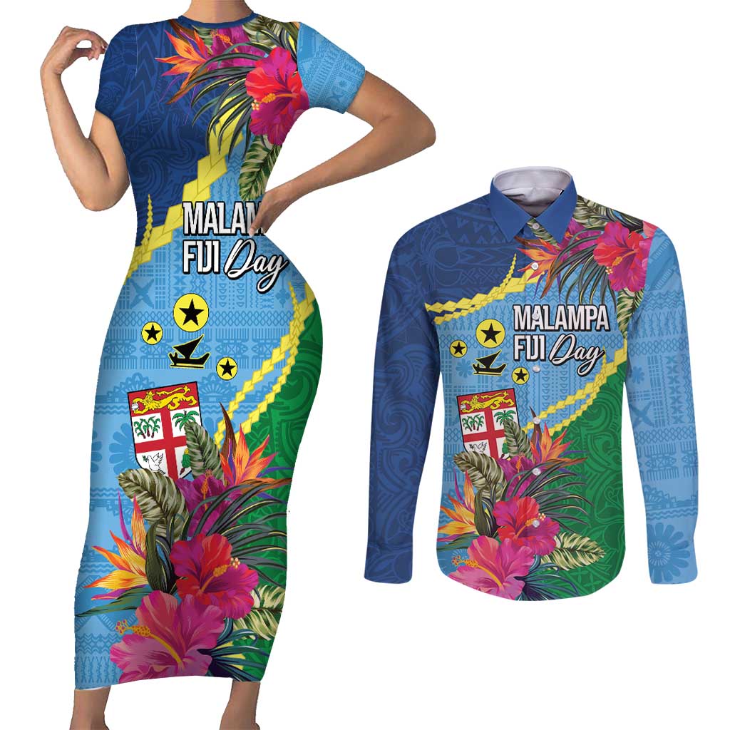 Personalized Malampa Fiji Day Together We Grow Couples Matching Short Sleeve Bodycon Dress and Long Sleeve Button Shirt Special Tapa Mix LT7 Colorful - Polynesian Pride