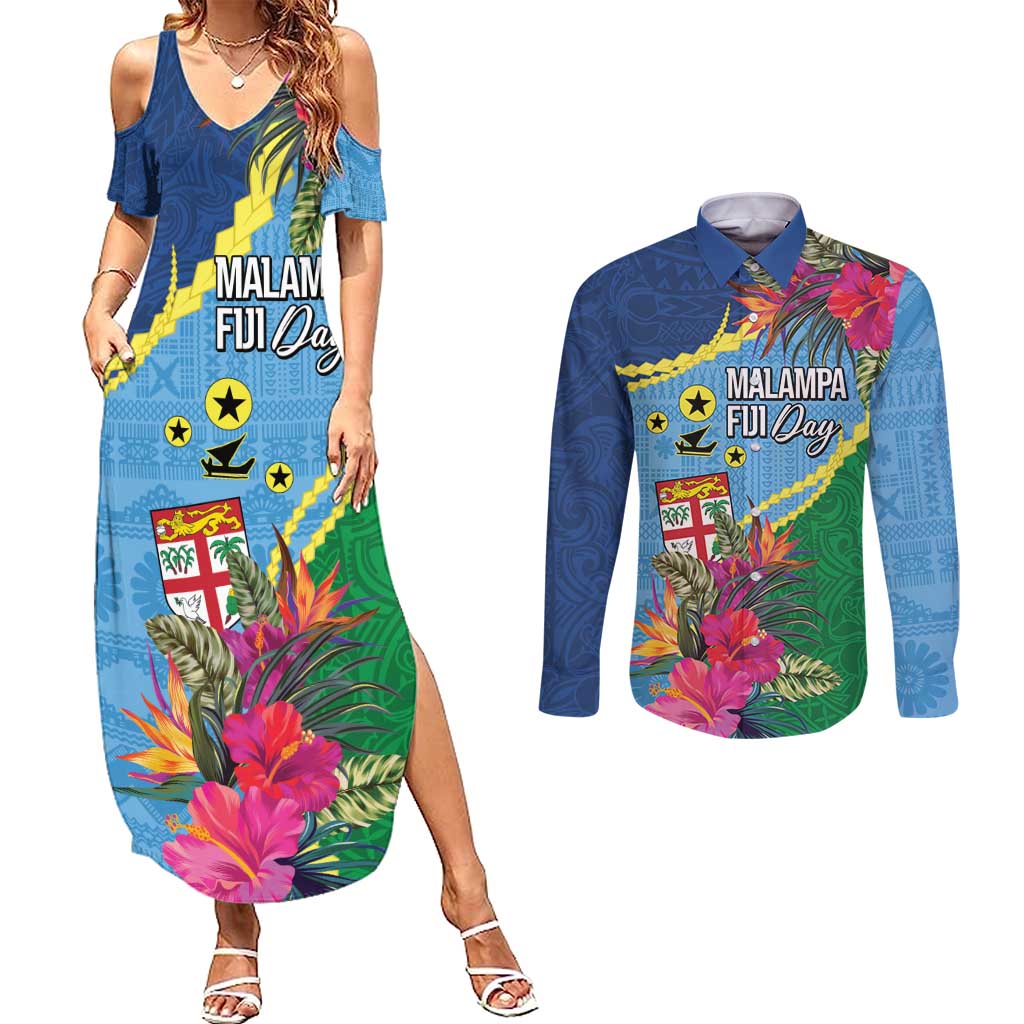 Personalized Malampa Fiji Day Together We Grow Couples Matching Summer Maxi Dress and Long Sleeve Button Shirt Special Tapa Mix - Polynesian Pride