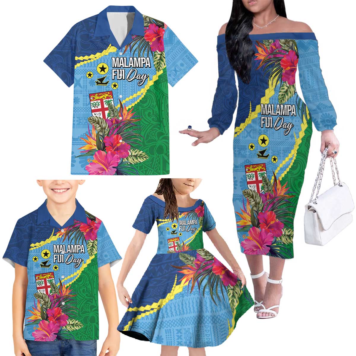 Personalized Malampa Fiji Day Together We Grow Family Matching Off The Shoulder Long Sleeve Dress and Hawaiian Shirt Special Tapa Mix LT7 - Polynesian Pride