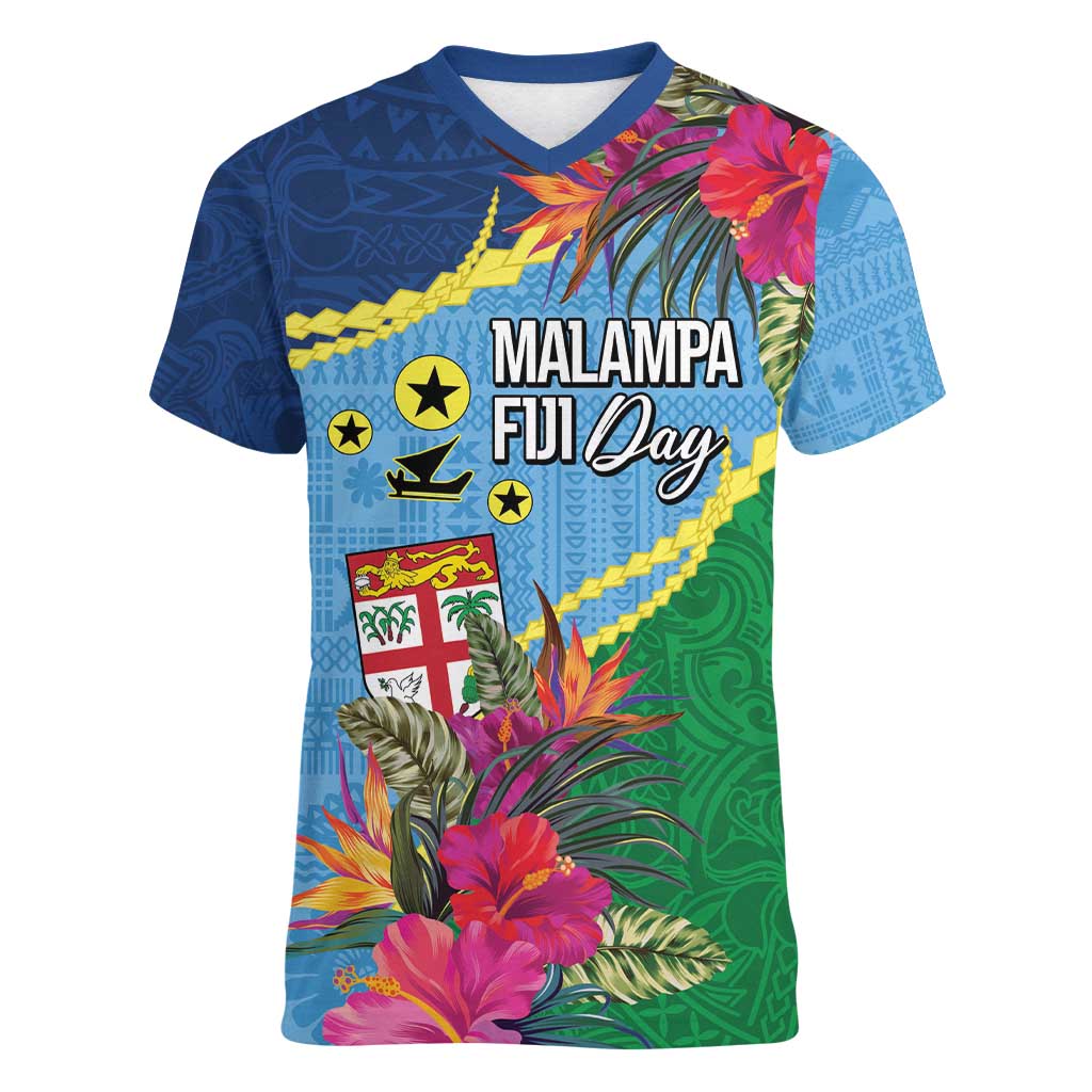 Personalized Malampa Fiji Day Together We Grow Women V-Neck T-Shirt Special Tapa Mix LT7 Female Colorful - Polynesian Pride