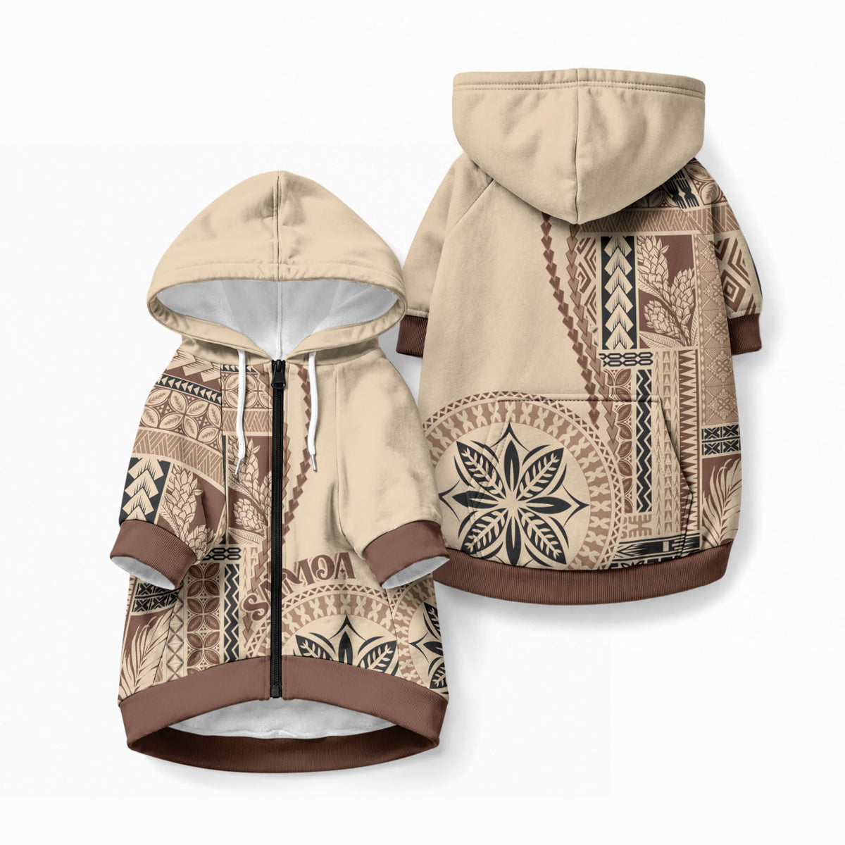 Samoa Siapo Motif Pet Hoodie Classic Style LT7 Zip-up Beige - Polynesian Pride