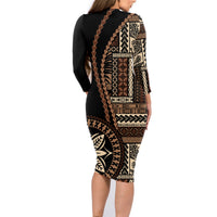 Samoa Siapo Motif Family Matching Long Sleeve Bodycon Dress and Hawaiian Shirt Classic Style - Black Ver LT7 - Polynesian Pride