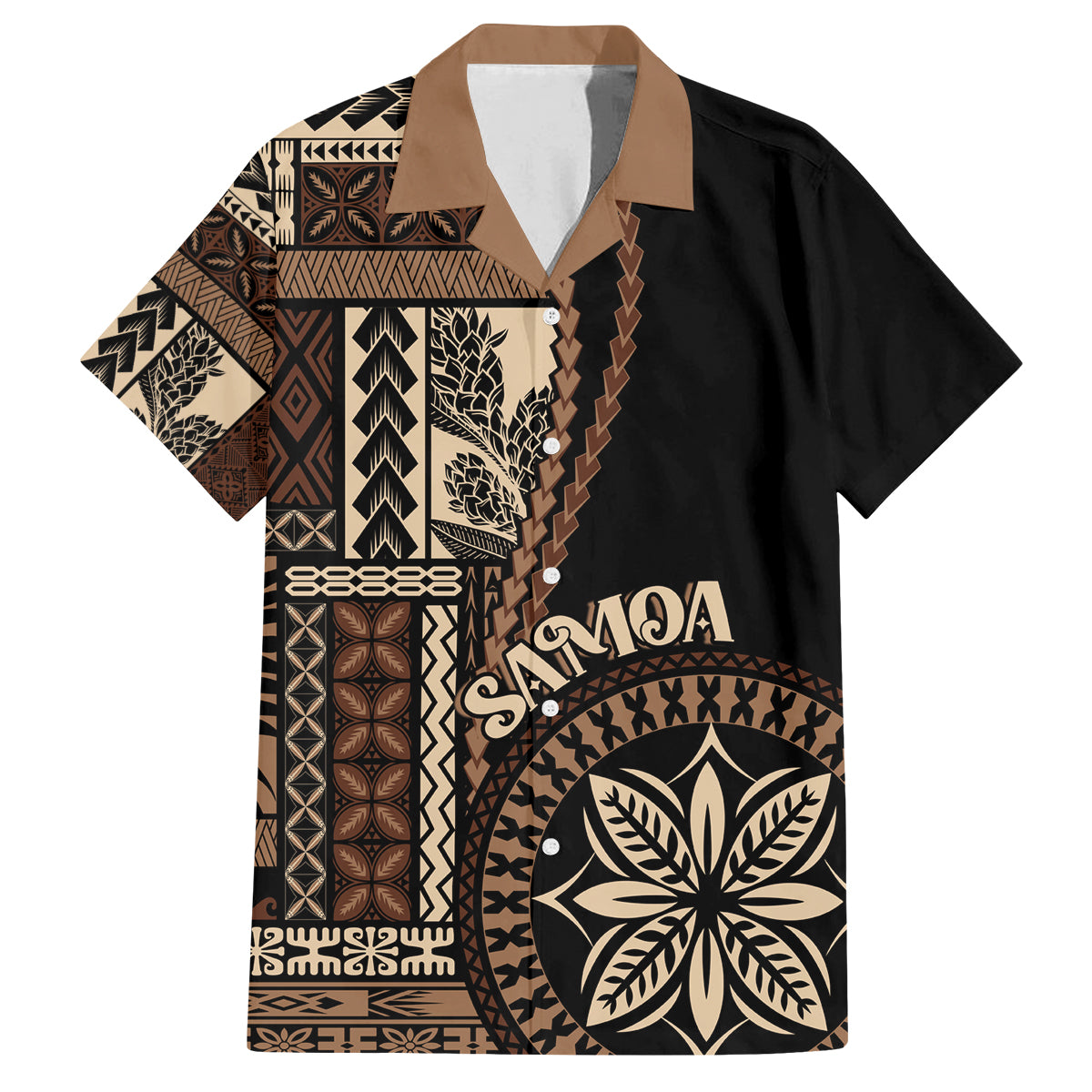 Samoa Siapo Motif Family Matching Off Shoulder Short Dress and Hawaiian Shirt Classic Style - Black Ver LT7 Dad's Shirt - Short Sleeve Black - Polynesian Pride