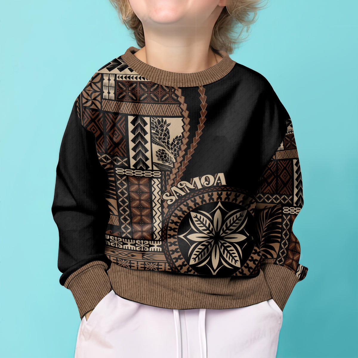 Samoa Siapo Motif Kid Ugly Christmas Sweater Classic Style - Black Ver LT7 - Polynesian Pride