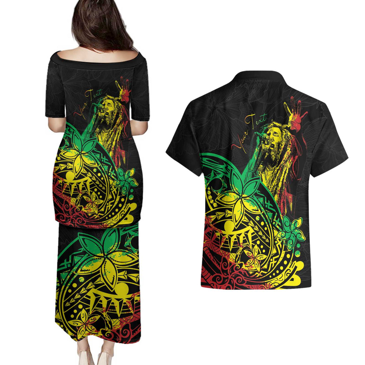 Personalised Reggae Jawaiian Festive Couples Matching Puletasi and Hawaiian Shirt Mix Polynesian