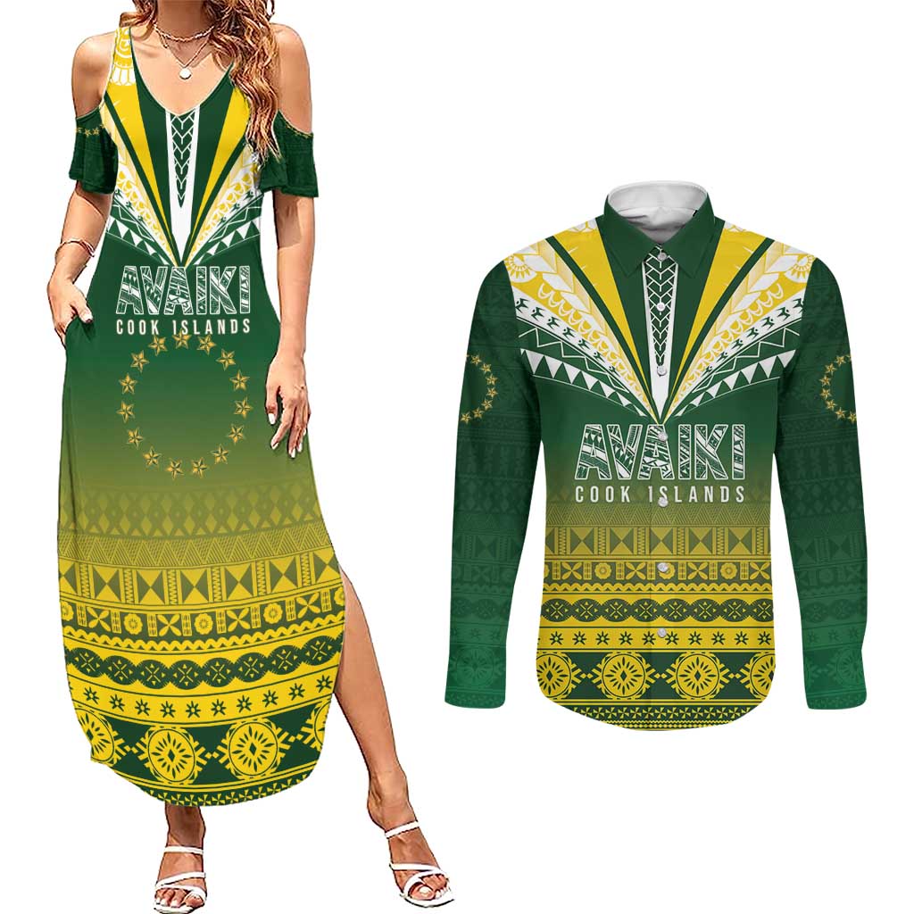 Cook Islands Rugby Custom Couples Matching Summer Maxi Dress and Long Sleeve Button Shirt Kuki Avaiki - Polynesian Pride