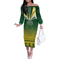 Cook Islands Rugby Custom Family Matching Off The Shoulder Long Sleeve Dress and Hawaiian Shirt Kuki Avaiki LT7 Mom's Dress Yellow Green - Polynesian Pride