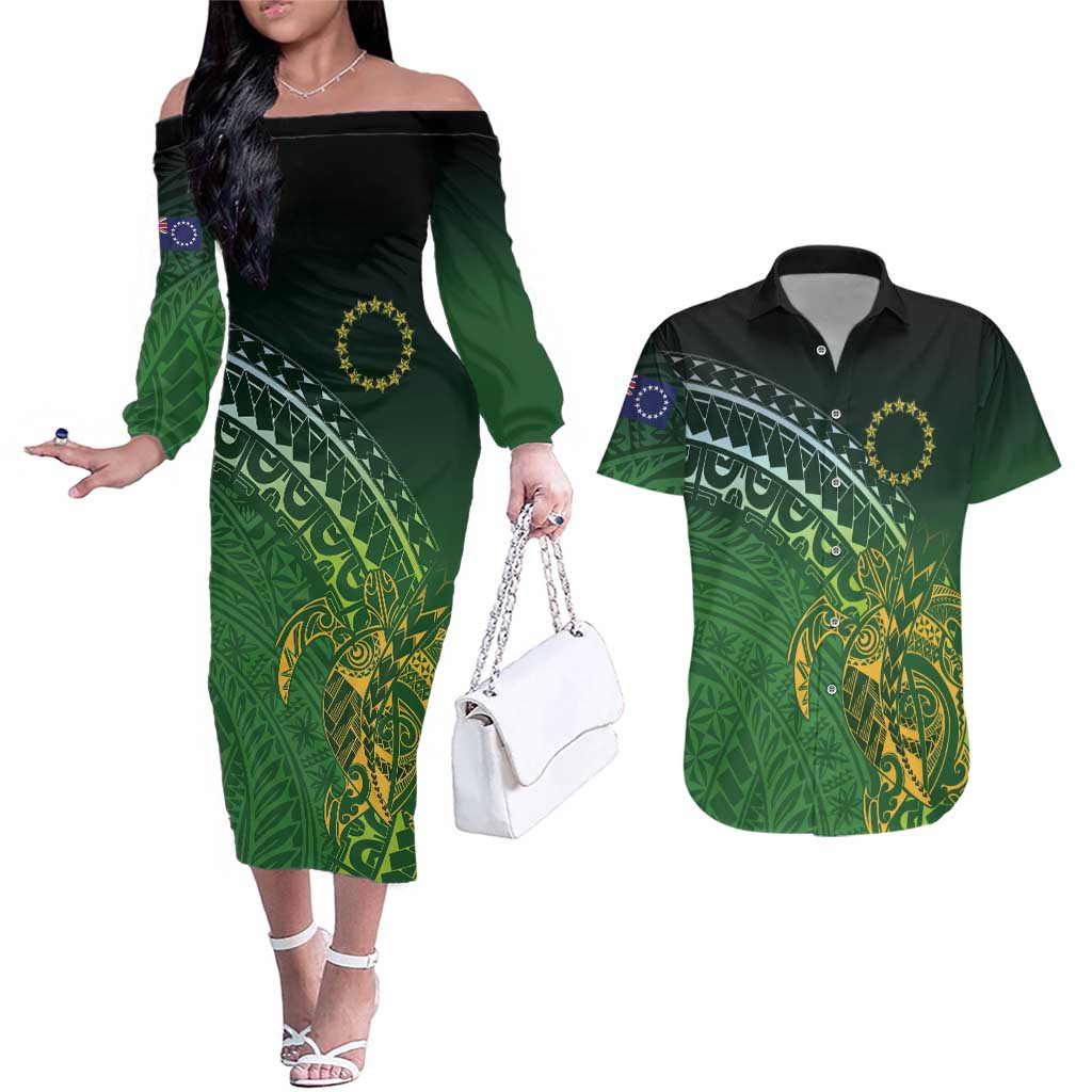 Cook Islands Rugby Kuki Avaiki Couples Matching Off The Shoulder Long Sleeve Dress and Hawaiian Shirt Tribal Turtle LT7 Dark Green - Polynesian Pride