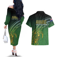 Cook Islands Rugby Kuki Avaiki Couples Matching Off The Shoulder Long Sleeve Dress and Hawaiian Shirt Tribal Turtle LT7 - Polynesian Pride