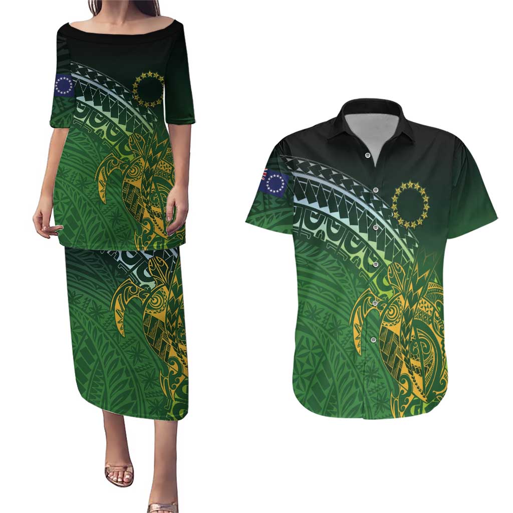 Cook Islands Rugby Kuki Avaiki Couples Matching Puletasi and Hawaiian Shirt Tribal Turtle - Polynesian Pride