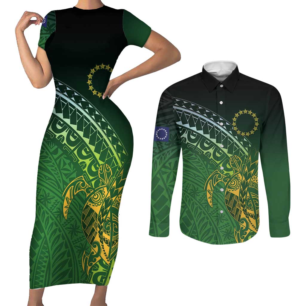 Cook Islands Rugby Kuki Avaiki Couples Matching Short Sleeve Bodycon Dress and Long Sleeve Button Shirt Tribal Turtle - Polynesian Pride