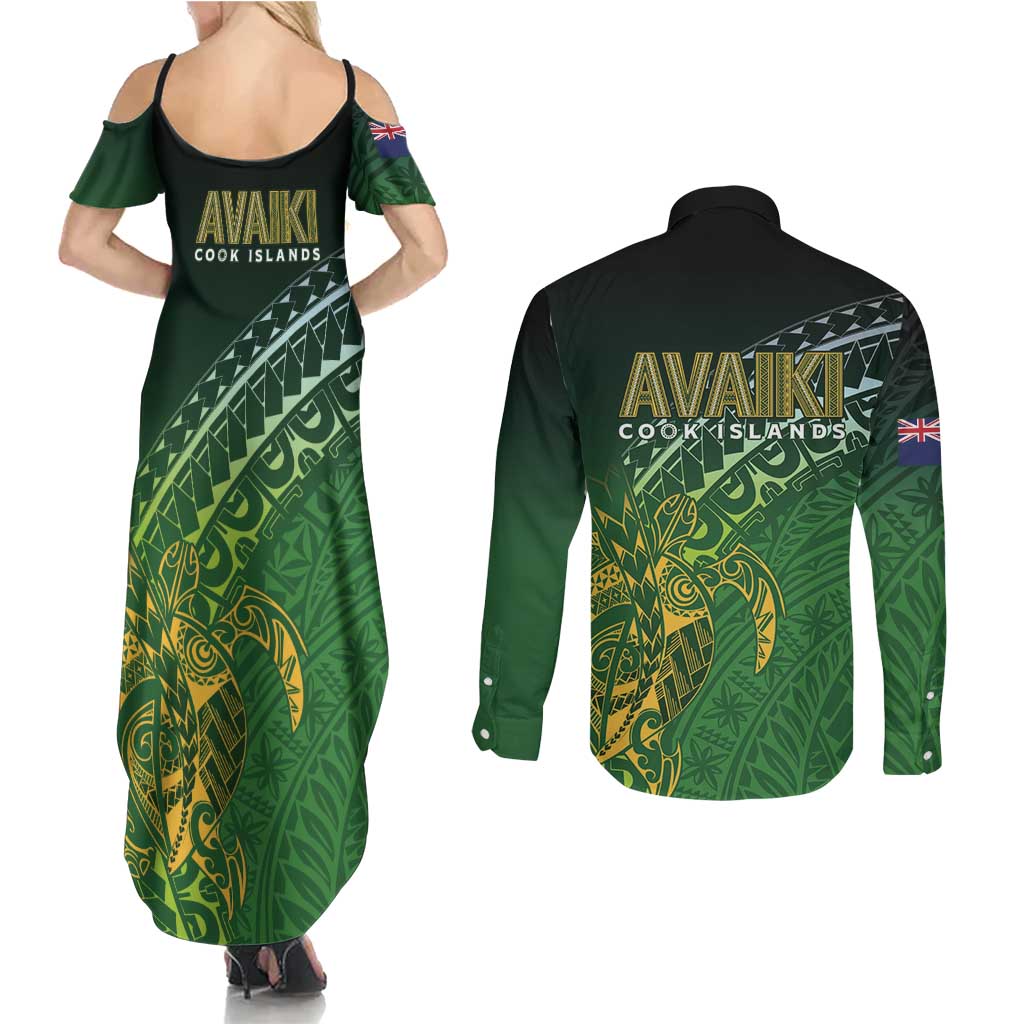 Cook Islands Rugby Kuki Avaiki Couples Matching Summer Maxi Dress and Long Sleeve Button Shirt Tribal Turtle - Polynesian Pride