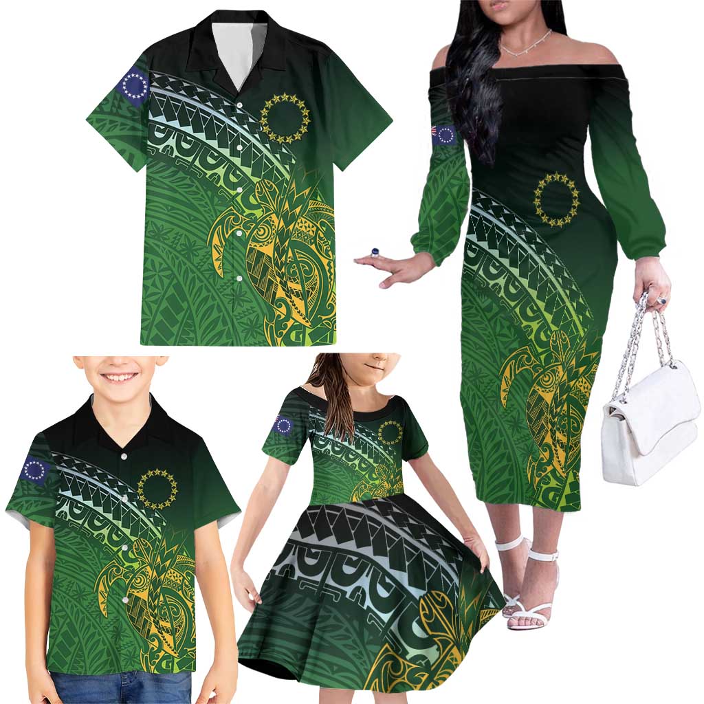 Cook Islands Rugby Kuki Avaiki Family Matching Off The Shoulder Long Sleeve Dress and Hawaiian Shirt Tribal Turtle LT7 - Polynesian Pride